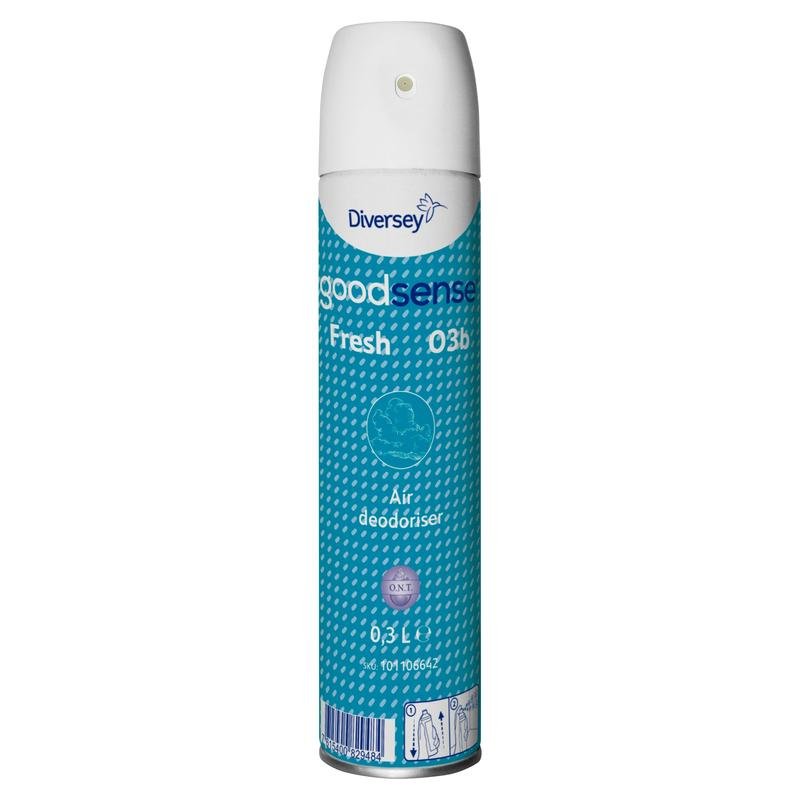 A tall aerosol can labeled "Good Sense Fresh, Room Spray Air Freshener and Odor Neutralizer | Can (300 ml)" by Diversey Deutschland GmbH & Co. OHG, with a white cap, blue patterned body, and product symbols on the bottom.