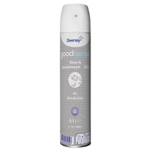 A tall, cylindrical 300 ml aerosol can of Diversey Good Sense Shea & Sandalwood room spray air freshener and odor neutralizer from Diversey Deutschland GmbH & Co. OHG, predominantly white and gray, with text, symbols, and a spray nozzle on the top.