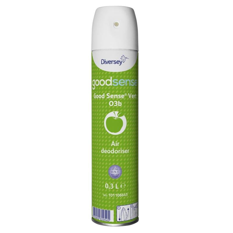 A 300-mL can of Diversey Good Sense Vert room spray air freshener and odor neutralizer from Diversey Deutschland GmbH & Co. OHG, with a green label with an apple symbol, white spray nozzle, and printed product information on the front.