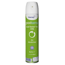 A 300-mL can of Diversey Good Sense Vert room spray air freshener and odor neutralizer from Diversey Deutschland GmbH & Co. OHG, with a green label with an apple symbol, white spray nozzle, and printed product information on the front.
