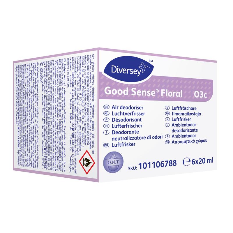 A pack of 6 Diversey Good Sense Floral scent cartridges (each 20 ml) for the Good Sense air freshener system, with multilingual product information and a hazard symbol on the packaging. Brand: Diversey Deutschland GmbH & Co. OHG.