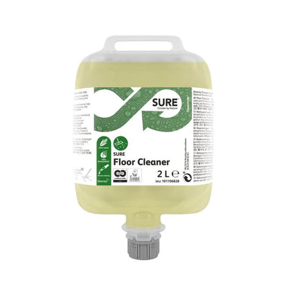 A 2-liter plastic container of SURE Floor Cleaner, floor cleaner from Diversey Deutschland GmbH & Co. OHG, with product information, usage instructions, Green Nature graphic, including a safe dispenser cap; formula is plant-based, biodegradable.