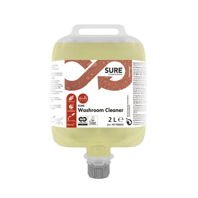 A 2-liter plastic container of SURE Washroom Cleaner, sanitary cleaner from Diversey Deutschland GmbH & Co. OHG, with multilingual instructions, safety symbols, product information on the label, and a screw cap at the bottom.