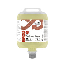 A 2-liter plastic container of SURE Washroom Cleaner, sanitary cleaner from Diversey Deutschland GmbH & Co. OHG, with multilingual instructions, safety symbols, product information on the label, and a screw cap at the bottom.