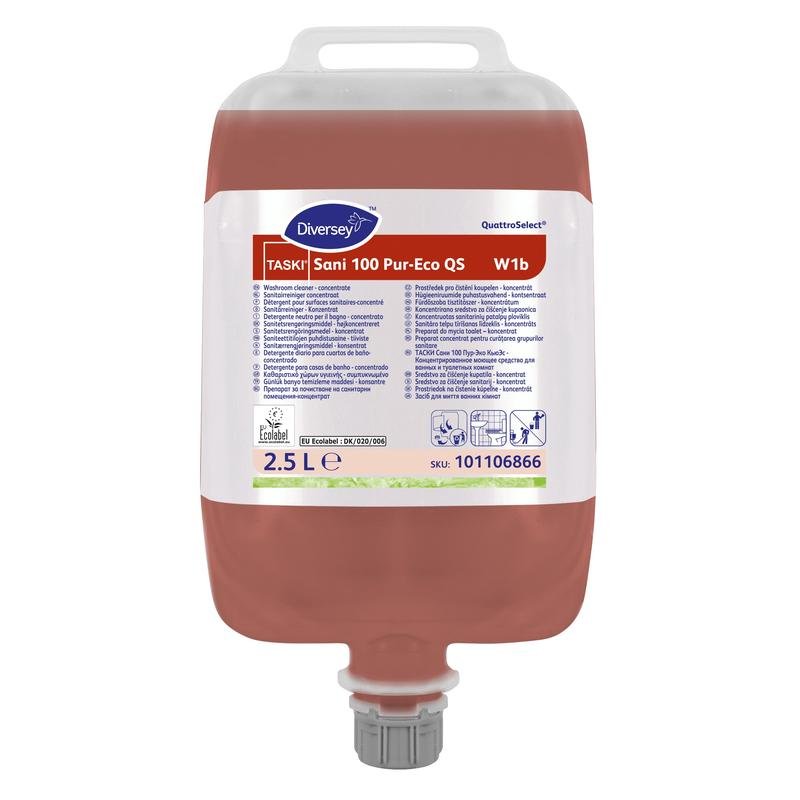 A 2.5L TASKI Sani 100 Pur-Eco sanitary cleaner from Diversey, pH-neutral, EU eco-certified, ideal for marble cleaning, with carrying handle, spout cap and multilingual label.