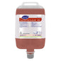 A 2.5-liter bag of Diversey TASKI Sani Calc Pur-Eco QS sanitary basic cleaner (citric acid-based, highly concentrated, EU eco-certification) with product info, instructions, QR code, and dosing cap.