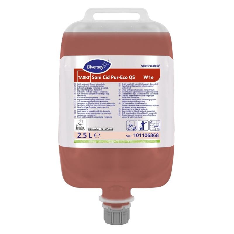 A 2.5-liter bag of TASKI Sani Cid Pur-Eco QS sanitary maintenance cleaner from Diversey, high concentrate with natural citric acid and EU eco-label certification.
