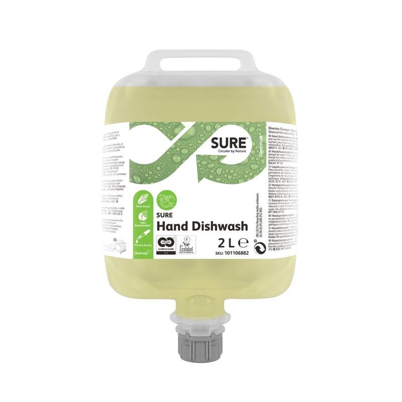 A transparent 2-liter container of SURE Hand Dishwash from Diversey Deutschland GmbH & Co. OHG with a handle, gray dosing cap, and a label with product information, application symbols, and certification logos.