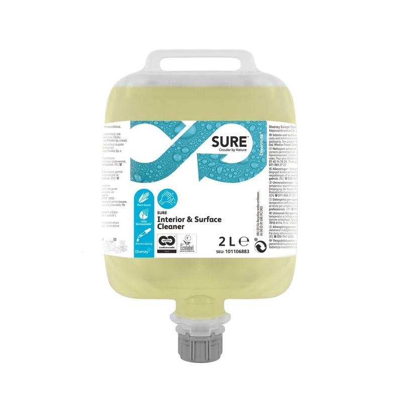 A 2-liter SURE Interior & Surface Cleaner (all-purpose cleaner) from Diversey Deutschland GmbH & Co. OHG with a spout and a white-blue label with product details, certifications, and application information.