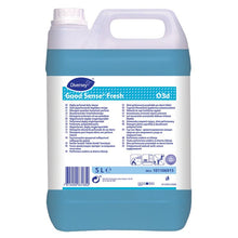 A 5-liter canister of Diversey Deutschland GmbH & Co. OHG Good Sense Fresh, high-perfume all-purpose cleaner with O.N.T. technology, with blue liquid and a multilingual label with product details, usage, and safety instructions.