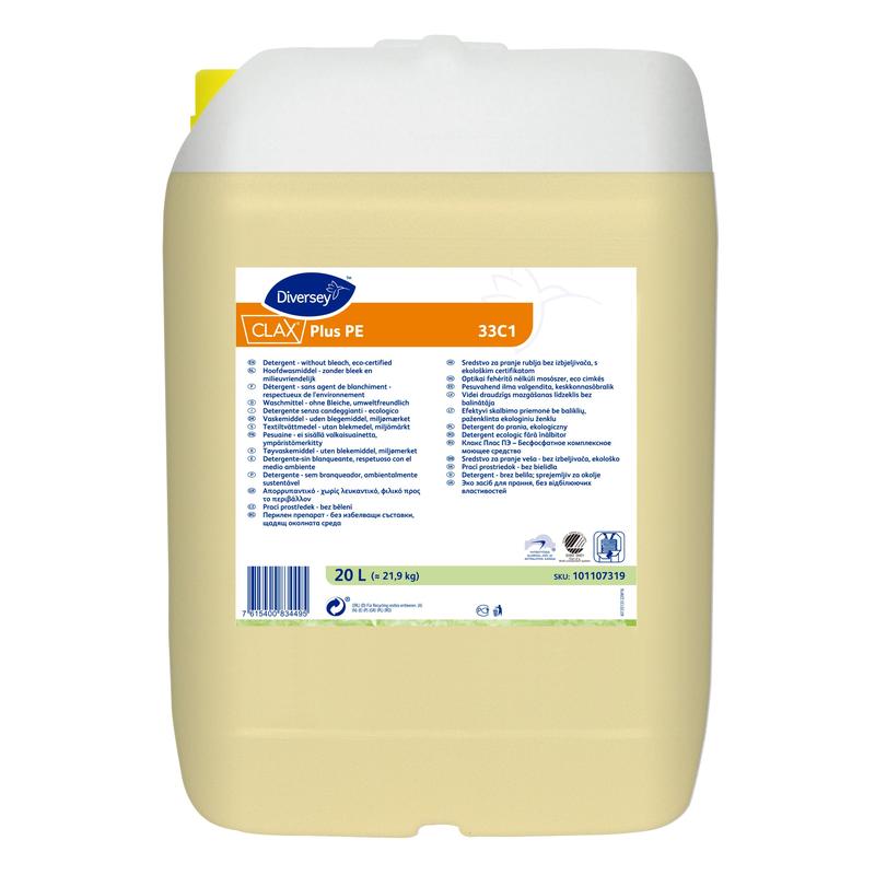 A 20-liter plastic container of Diversey Clax Plus Pur-Eco 33C1 detergent (without bleach, environmentally certified) from Diversey Deutschland GmbH & Co. OHG, with a white cap and multilingual product information label.