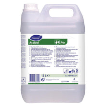 A 5-liter canister of Diversey Actival, an alkaline degreaser for animal and vegetable oils and fats, ideal for kitchens. Contains a handle, a screw cap, and a white-green label with multilingual instructions. From Diversey Deutschland GmbH & Co. OHG.