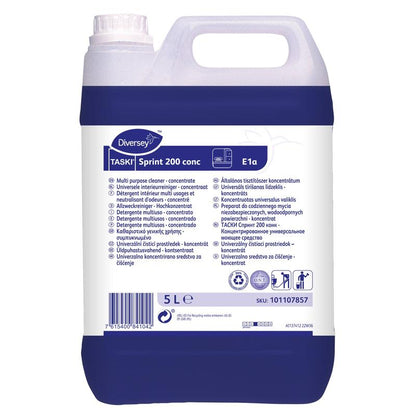 A 5-liter plastic container with TASKI Sprint 200 conc alcohol cleaner concentrate from Diversey Deutschland GmbH & Co. OHG, with a blue and white multilingual label and a carrying handle on top.