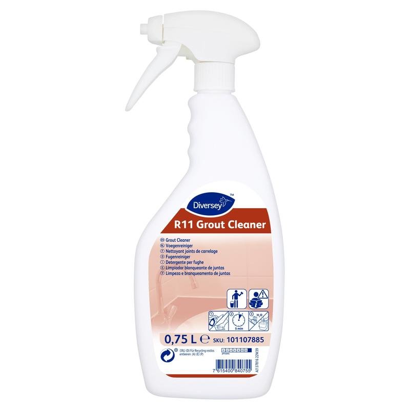 The white 750 ml spray bottle "Room Care R11, Joint Cleaner and Mold Remover" from Diversey Deutschland GmbH & Co. OHG features an ergonomic trigger grip, a powerful formula, and a multilingual label with usage and safety symbols.