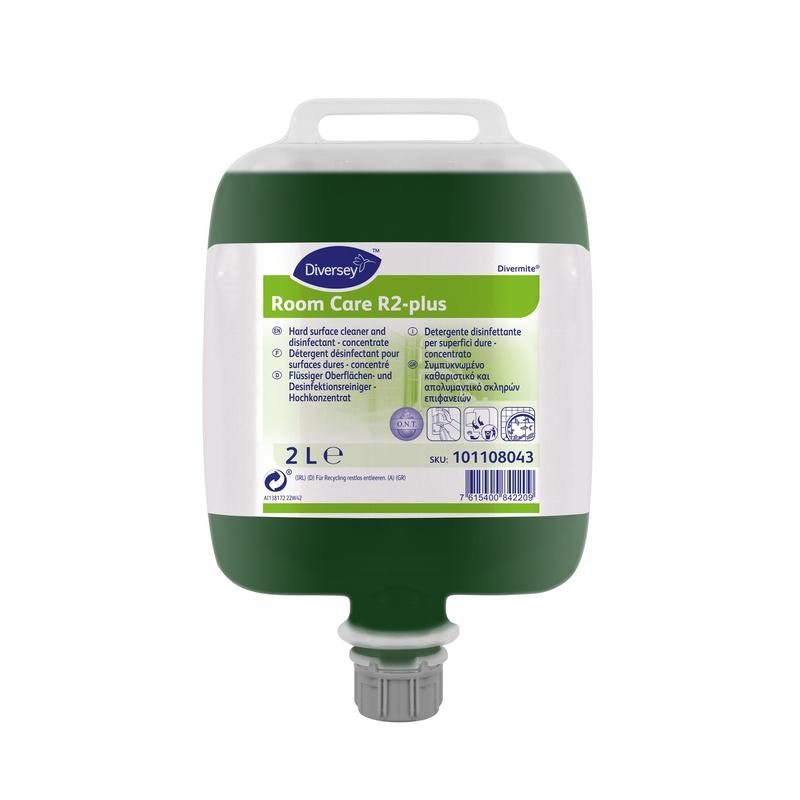 A 2-liter bag of Diversey Germany Room Care R2 plus, liquid, disinfectant surface cleaner (high concentrate) with a dispensing cap and front product label.