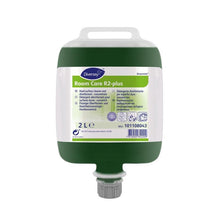 A 2-liter bag of Diversey Germany Room Care R2 plus, liquid, disinfectant surface cleaner (high concentrate) with a dispensing cap and front product label.