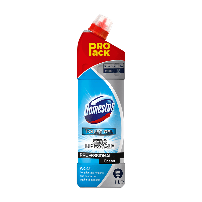 A 1-liter bottle of DOMESTOS Professional WC Cleaner Ocean from Diversey Deutschland GmbH & Co. OHG, with a red angle closure and "PRO pack" label, effectively removes limescale and urine scale while promoting hygiene and protection.