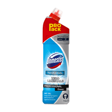 A 1-liter bottle of DOMESTOS Professional WC Cleaner Ocean from Diversey Deutschland GmbH & Co. OHG, with a red angle closure and "PRO pack" label, effectively removes limescale and urine scale while promoting hygiene and protection.