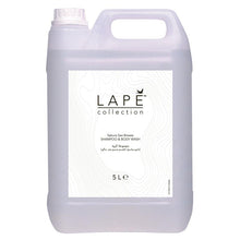 A 5-liter canister made of transparent plastic with a handle and screw cap, labeled "LAPE Earth Collection Sakura Sea Breeze Body Wash & Shampoo" by Diversey Deutschland GmbH & Co. OHG. Eco-certified, cherry blossom and sea breeze scent.