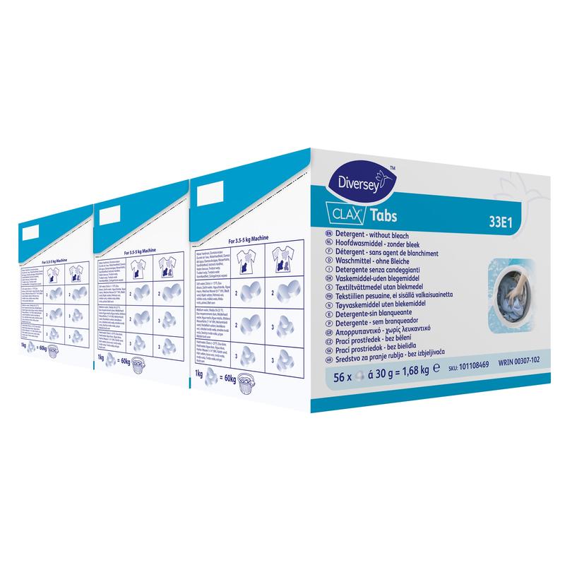 Pictured are three boxes of Clax Tabs detergent - textile washing tablets without bleach (Diversey Deutschland GmbH & Co. OHG, 1680 g), with multilingual instructions and suitability for delicate fabrics in washing machines.
