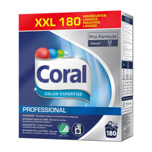 A can of Coral Professional Color Expertise Color Detergent (180 washes, 8 kg powder) from Diversey Deutschland GmbH & Co. OHG with Pro Formula branding, blue design, and offers color and fiber protection for vibrant colors.