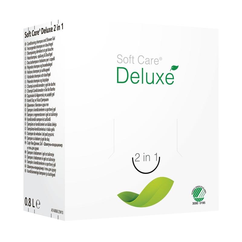 A white box labeled "Soft Care Deluxe 2 in 1, Shower Gel & Shampoo" by Diversey Germany is adorned with a green leaf graphic, a 0.8-liter volume indicator, side instructions, and an environmental label on the front.