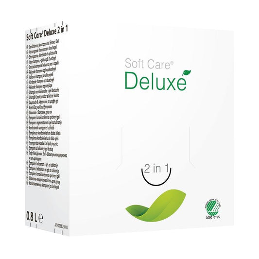 A white box labeled "Soft Care Deluxe 2 in 1, Shower Gel & Shampoo" by Diversey Germany is adorned with a green leaf graphic, a 0.8-liter volume indicator, side instructions, and an environmental label on the front.
