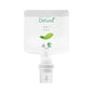 A transparent plastic dispenser bottle labeled "Soft Care Deluxe 2 in 1, Shower Gel & Shampoo" by Diversey Deutschland GmbH & Co. OHG features a green leaf graphic, certification logos, and a white dispenser cap at the bottom.