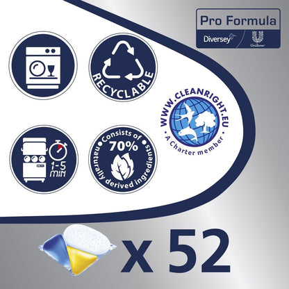 The graphic contains symbols for dishwasher suitability, recyclability, 1-5 minute quick cleaning, 70% natural ingredients, a founding member logo, and "52" next to Sun Professional Optimum All in One dishwasher capsules from Diversey (52 tabs).