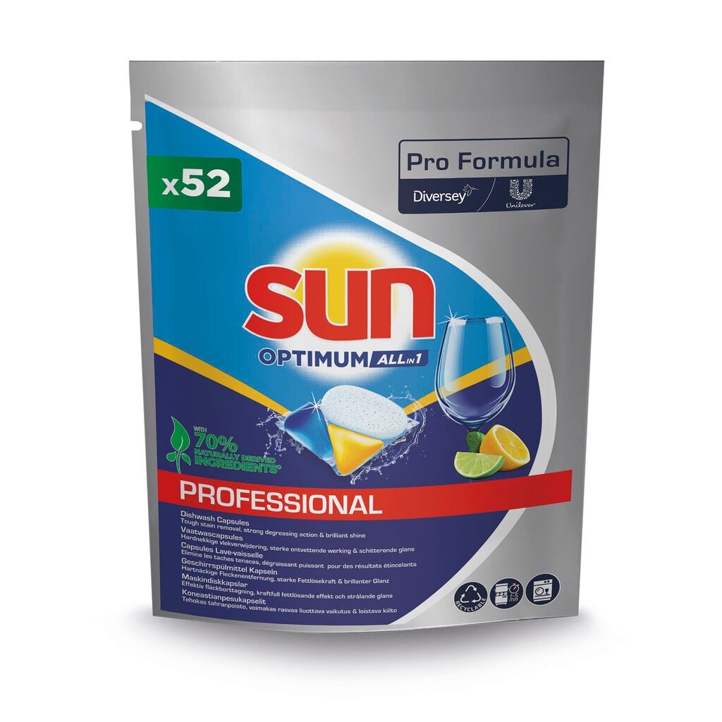 A silver-blue bag with the inscription "Sun Professional Optimum All in One" from Diversey Deutschland GmbH & Co. OHG, with a tablet, a wine glass, and citrus slices. The package contains 52 dishwasher capsules with rinse aid and salt. The product information is located at the bottom edge.