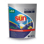 A silver-blue bag with the inscription "Sun Professional Optimum All in One" from Diversey Deutschland GmbH & Co. OHG, with a tablet, a wine glass, and citrus slices. The package contains 52 dishwasher capsules with rinse aid and salt. The product information is located at the bottom edge.