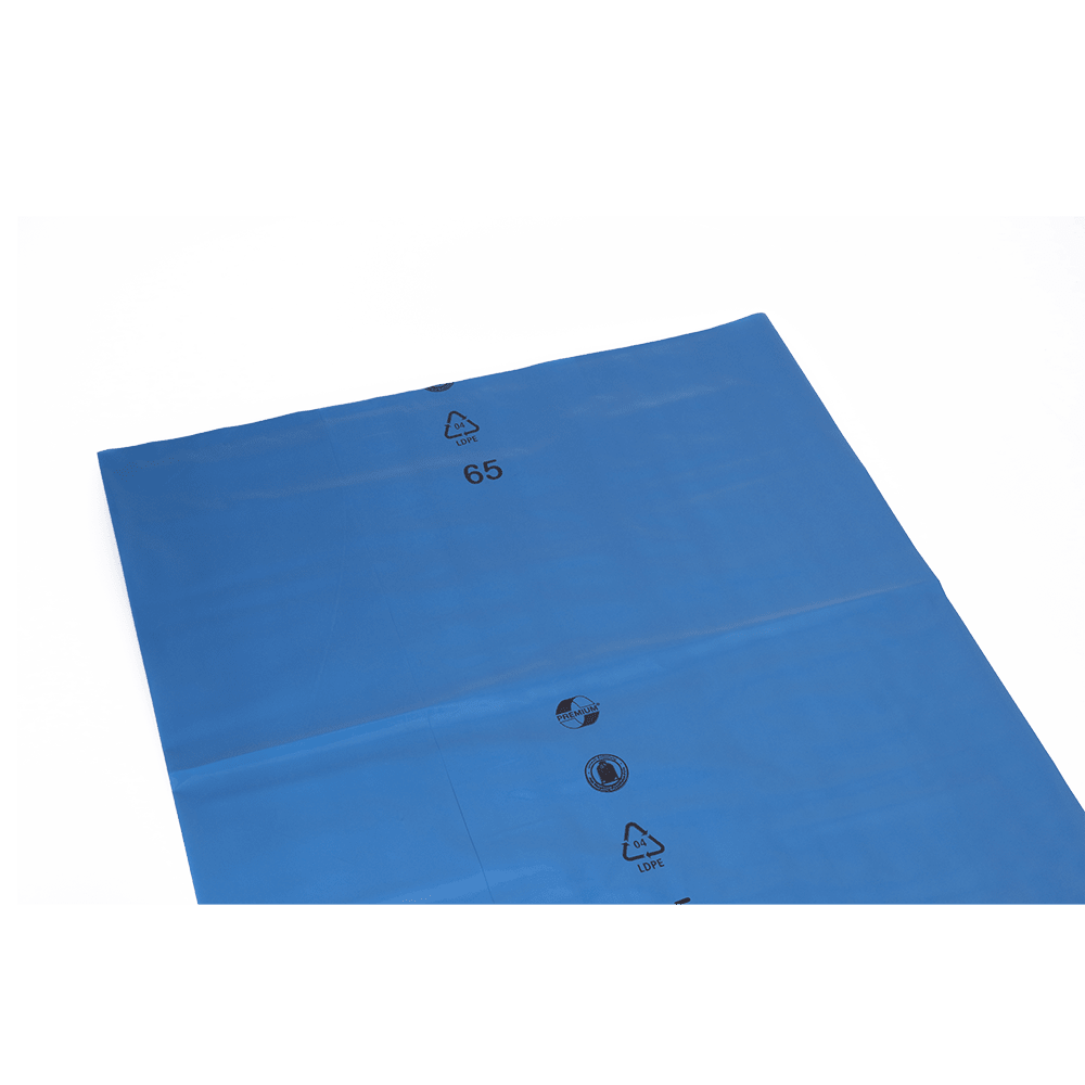 A flat, blue plastic film - like that of EMIL DEISS KG (GmbH + Co.) DEISS 10122 - 900x1100x0.07 mm blue (carton, 200 packs) - shows black recycling warning symbols and the number 65 on a solid white background; ideal for waste disposal.