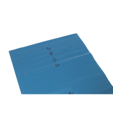 The close-up of a blue plastic sheet DEISS 10128 from EMIL DEISS KG (GmbH + Co.), size 700x1100x0.2 mm, often used for garbage bags, shows black printed recycling symbols and the number 65 on a white background.