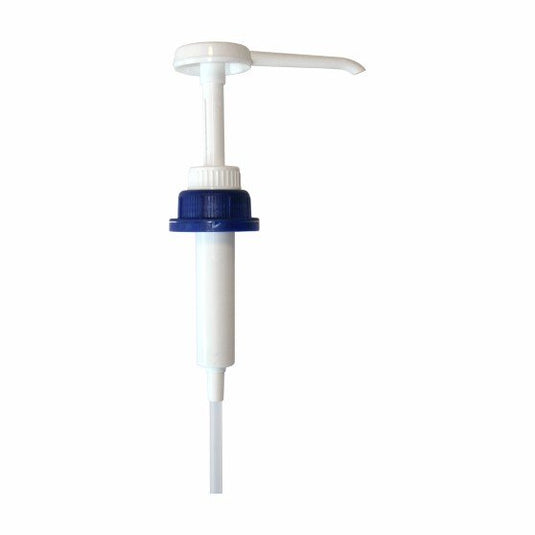 The Arcora dosing pump 20 ml for 10 L canisters from Arcora International GmbH is depicted with a blue ring near the base, a long spout, and a downward-facing tube, and is suitable for extraction from 10-liter canisters. Package: 1 piece.
