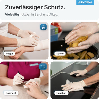 Four images show people using ARNOMED LATEX PF powder-free disposable gloves made of natural latex by ARNOWA GmbH for bandaging an arm, preparing potatoes, manicuring, and cleaning - illustrating their versatile usability.