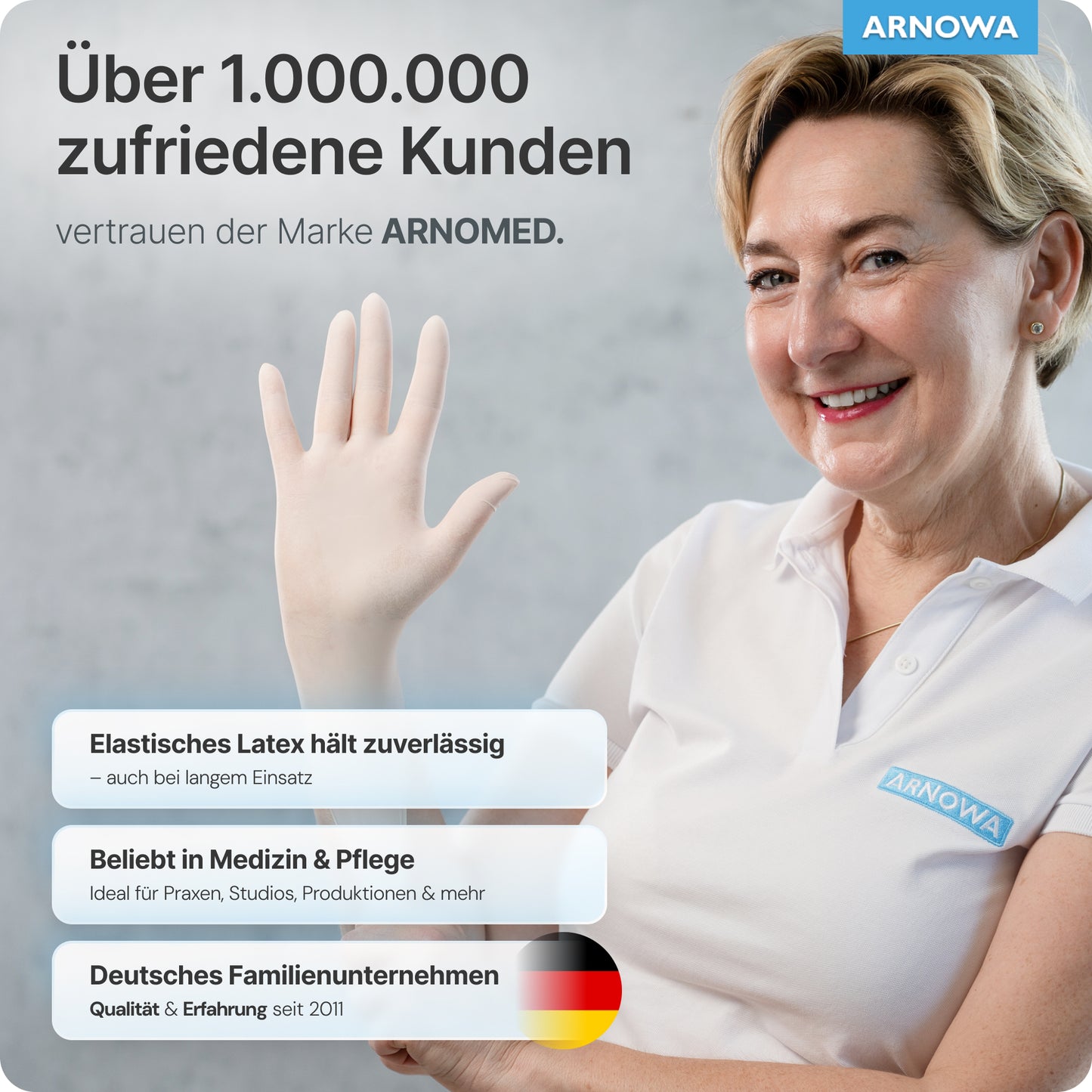 A smiling woman in a white polo and gloves raises her hand. Over 1 million trust the ARNOMED LATEX PF powder-free disposable gloves made of natural latex by ARNOWA GmbH - preferred in medicine, care, and from a German family business.