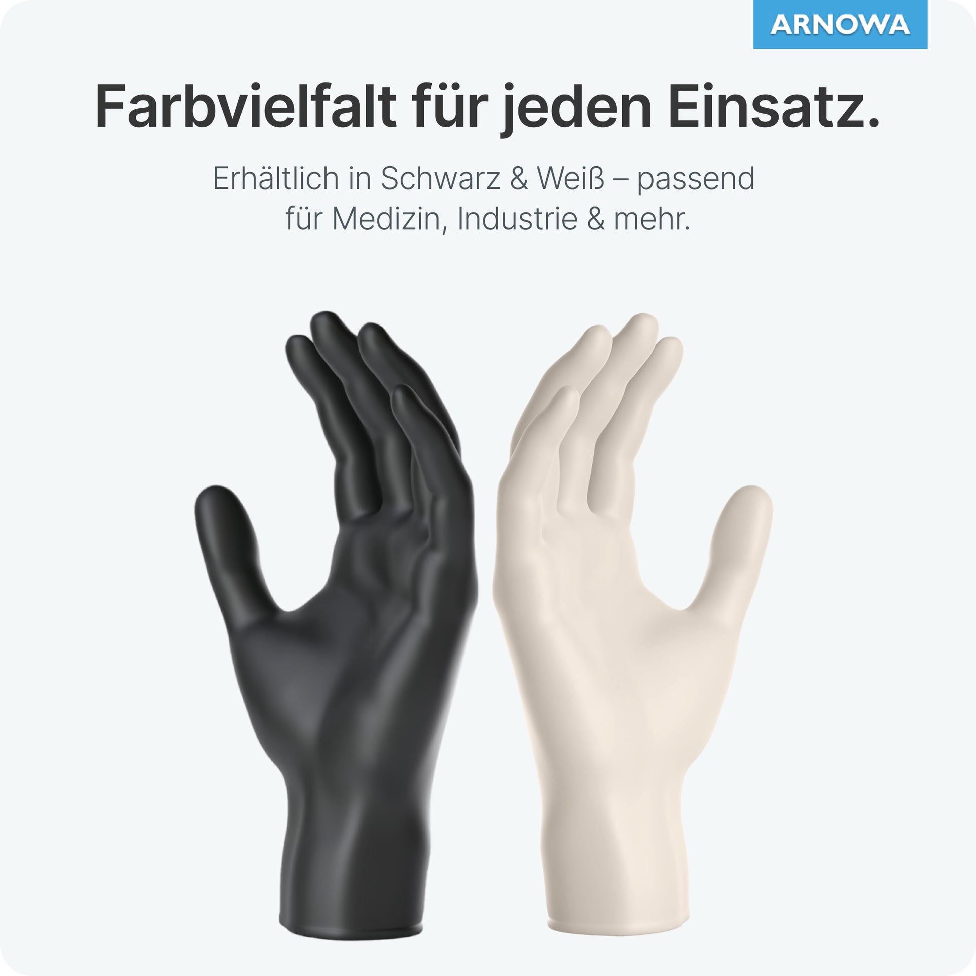 Two upright ARNOMED LATEX PF powder-free disposable gloves made of natural latex by ARNOWA GmbH, one black, one white, stand side by side. German text above highlights the color variety and suitability for medicine and industry.