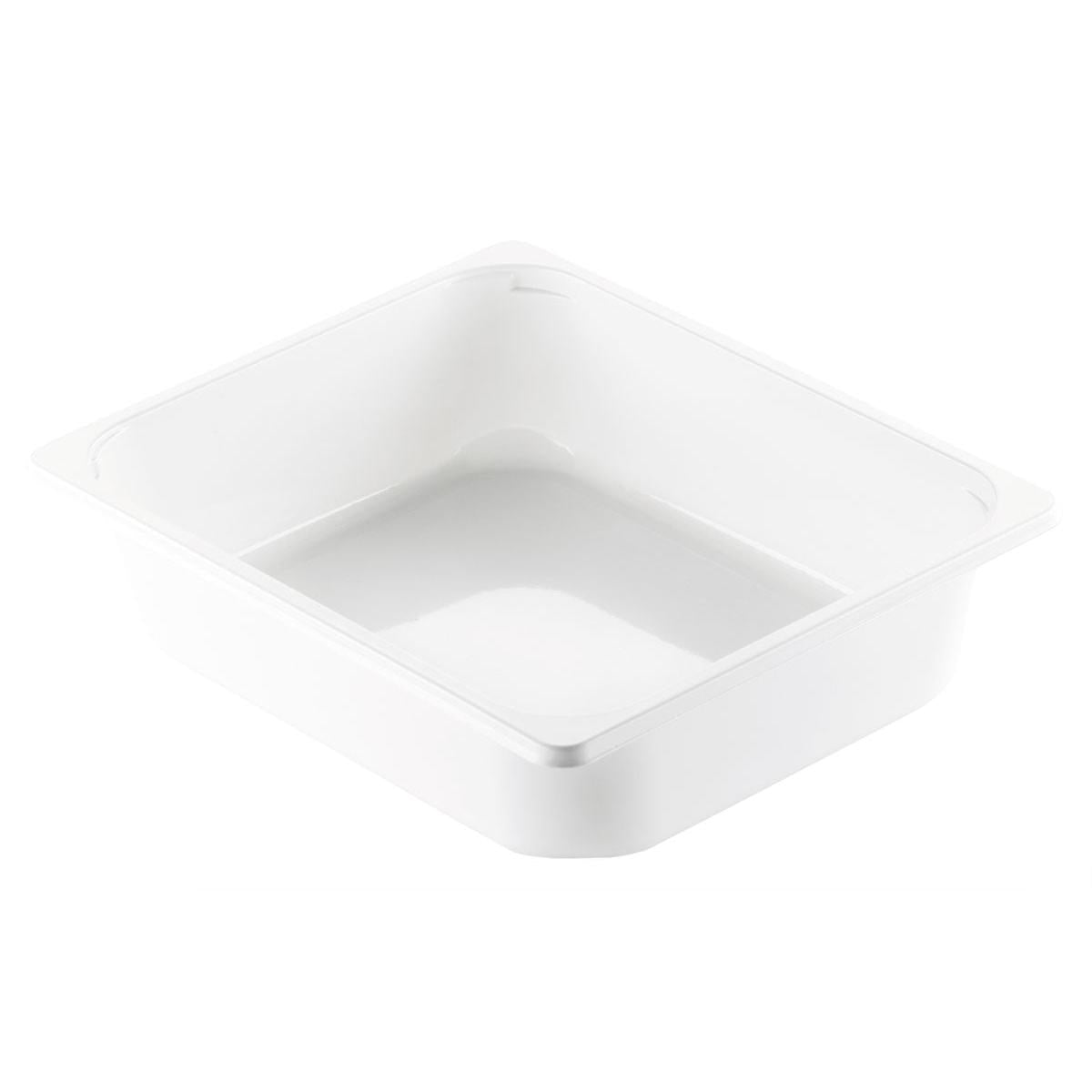 A white rectangular CPET tray 1/2 GN White CPET 325x265 from Duni GmbH, with slightly rounded corners and a smooth surface, shown at an angle with an interior view and one side.