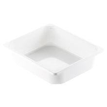 A white rectangular CPET tray 1/2 GN White CPET 325x265 from Duni GmbH, with slightly rounded corners and a smooth surface, shown at an angle with an interior view and one side.
