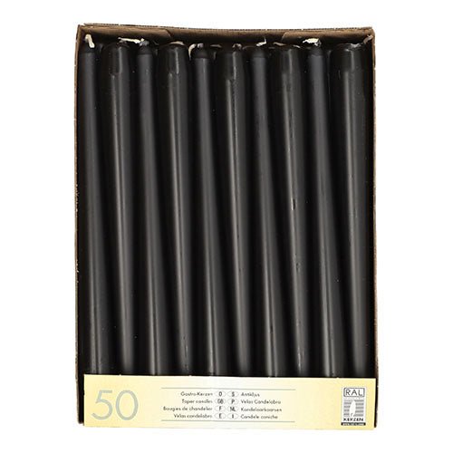 The Starpak 50 taper candles Ø 2.2 cm - 25 cm are white candles with long burning time, arranged upright in a single layer in a labeled rectangular Starpak tin.
