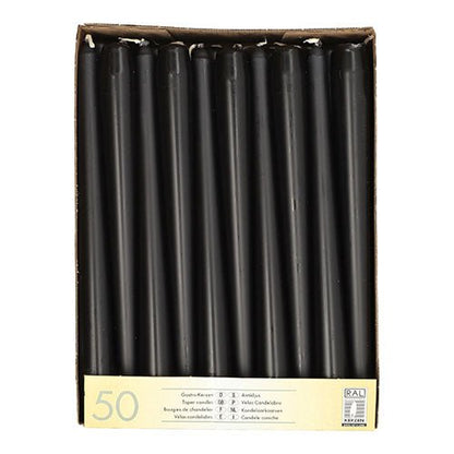 The Starpak 50 taper candles Ø 2.2 cm - 25 cm are white candles with long burning time, arranged upright in a single layer in a labeled rectangular Starpak tin.