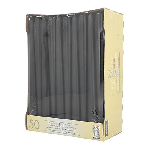 Pictured is a cardboard box with 50 Starpak taper candles (Ø 2.2 cm - 25 cm), with the black candles standing neatly upright and visible through the clear plastic packaging.