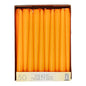 A box with 50 Starpak taper candles (Ø 2.2 cm, 25 cm), arranged upright in rows and viewed from above. The neatly packed orange candles have a label with product information on the bottom of the box.