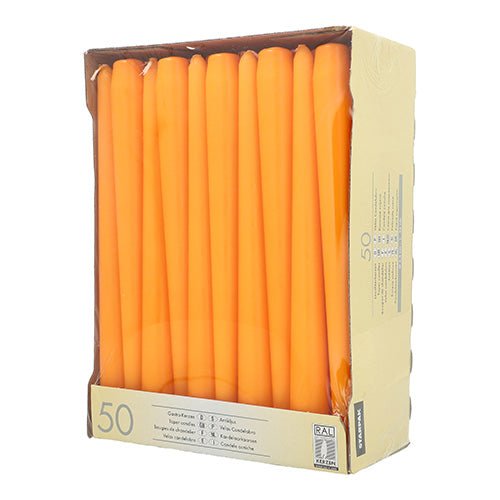 A cardboard box with 50 Starpak taper candles (Ø 2.2 cm, 25 cm), visible through a front plastic window. The packaging is labeled on the front and side with product information matching the style of our white taper candle collection.