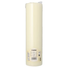 A PAPSTAR pillar candle with a flat head Ø 80 mm in ivory from PAPSTAR GmbH stands upright and features a flat design, a product label near the base, and a visible wick at the top.