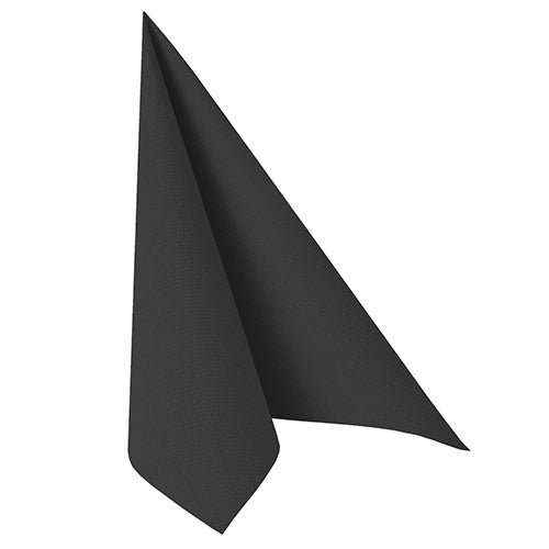 A single PAPSTAR napkin "ROYAL Collection" 40 x 40 cm in black from PAPSTAR GmbH stands upright with a pointed tip and outward-angled edges against a plain white background.