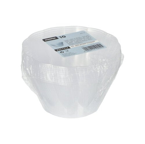 A stack of ten round, clear Starpak ice cream and dessert bowls (Ø 12 cm · 7 cm) with 400 ml capacity, wrapped in shrink wrap, with a label on top containing product information and a barcode.
