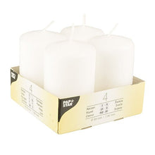 A pack of four Starpak “Ivory” pillar candles (Ø 50 mm, 80 mm, flat top) made of high-quality wax, arranged in a cardboard holder with product information and the Starpak logo on the label.