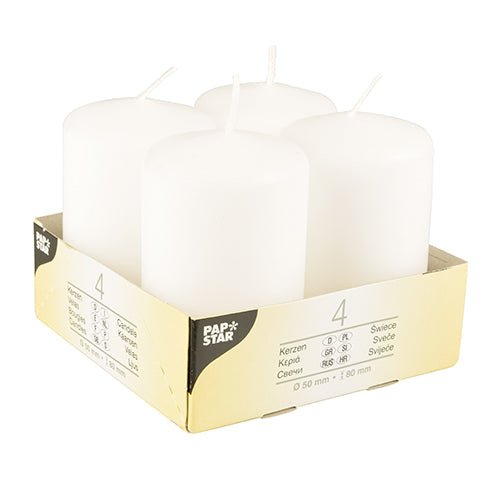 A pack of four Starpak “Ivory” pillar candles (Ø 50 mm, 80 mm, flat top) made of high-quality wax, arranged in a cardboard holder with product information and the Starpak logo on the label.