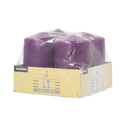 Four ivory Starpak pillar candles (Ø 50 mm, 80 mm, flat top) are packaged in clear plastic and provided with a beige-white label displaying the Starpak brand and candle details. They are made of high-quality wax for lasting quality.